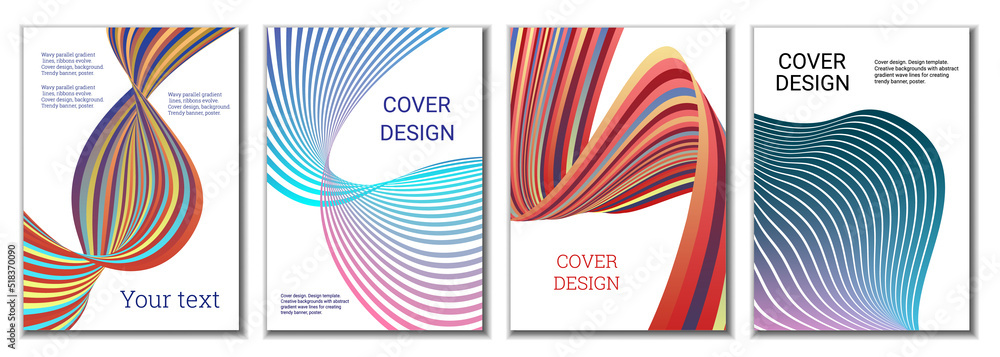 A set of 4 abstract covers. Wavy parallel gradient lines, ribbons evolve. Cover design, background. Trendy banner, poster. A set of 4 abstract covers. Wavy parallel gradient lines, ribbons evolve. Cover design, background. Trendy banner, poster.