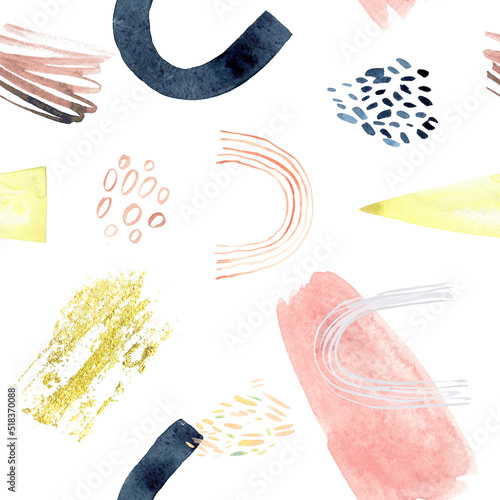 Watercolor abstract patten with geometri shapes, paint blotch and gold line art. Blue, pink, ivory, beige, gold watercolor