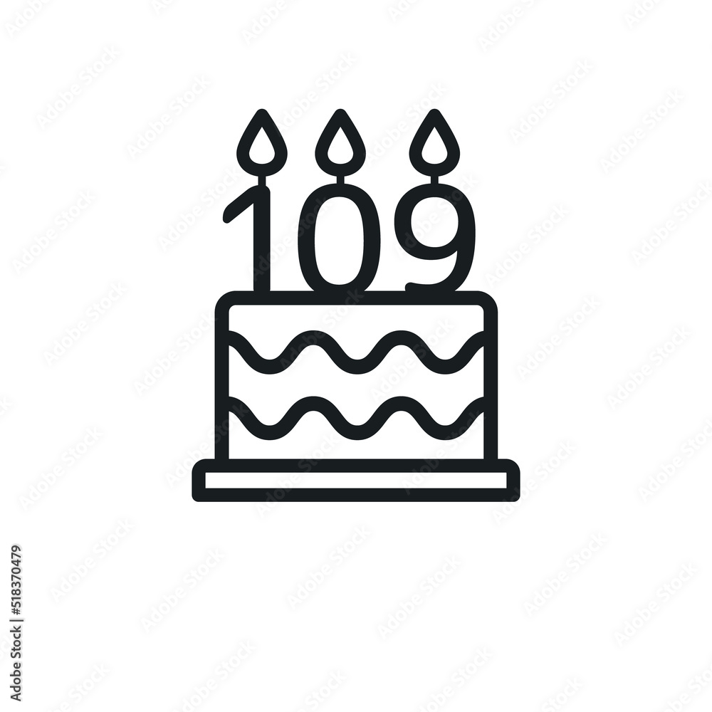 Birthday cake line icon with candle number 109 (one hundred and nine). Vector. Birthday cake line icon with candle number 109 (one hundred and nine). Vector.