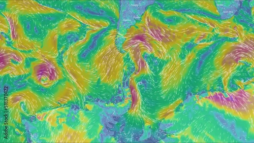 Map of the direction of wind currents. Color infographic. The movement of the winds. Warm and cold zones. Planet Earth. Weather forecast. Formation of storms and hurricanes. photo