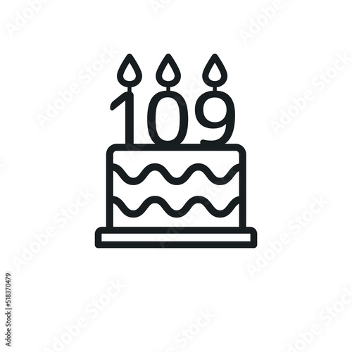 Birthday cake line icon with candle number 109 (one hundred and nine). Vector.