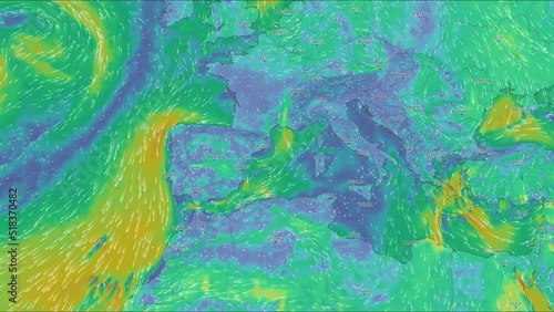 Map of the direction of wind currents. England and Europe. Color infographic. The movement of the winds. Warm and cold zones. Atlantic Ocean. Coastline. Weather forecast. Formation of storms and hurri
