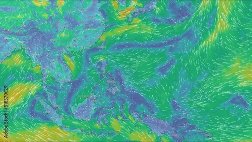 Map of the direction of wind currents. Sea, ocean and continents. Color infographic. The movement of the winds. Warm and cold zones. Planet Earth. Weather forecast. Formation of storms and hurricanes.