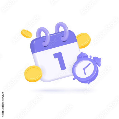 3d calendar and alarm clock with gold coins around. the concept of a reminder of timely payment for services. vector illustration in realistic style isolated on white background.