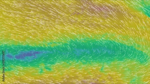 Map of the direction of wind currents. Sea, ocean and continents. Color infographic. The movement of the winds. Warm and cold zones. Planet Earth. Weather forecast. Formation of storms and hurricanes.