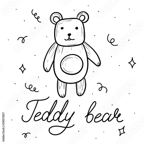 Baby teddy bear toy and hand lettering, isolated doodle illustration.