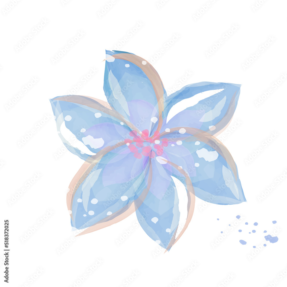 Blue flower painted with watercolor paints on a white background