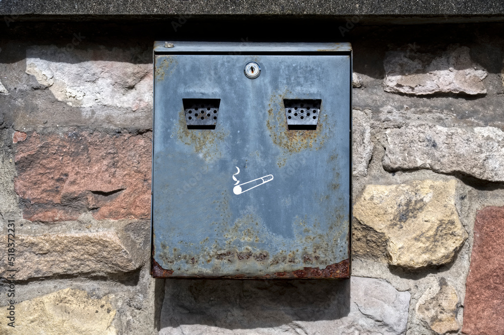 Cigarette smokers steel metal ashtray fitted to wall Cigarette smokers steel metal ashtray fitted to wall