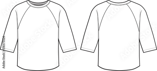 Raglan sleeve shirt tee technical drawing illustration short sleeve blank streetwear mock-up template for design and tech packs.
