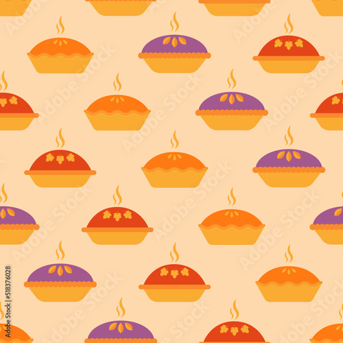 Pie seamless pattern. Hot pie of different types on yellow background. Colored pie with pumpkin, strawberry, blueberry, blackberry. Design for fabric, wrapping paper, wallpaper. Vector illustration