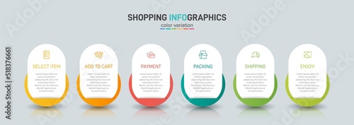 Concept of shopping process with 6 successive steps. Six colorful graphic elements. Timeline design for brochure, presentation, web site. Infographic design layout.