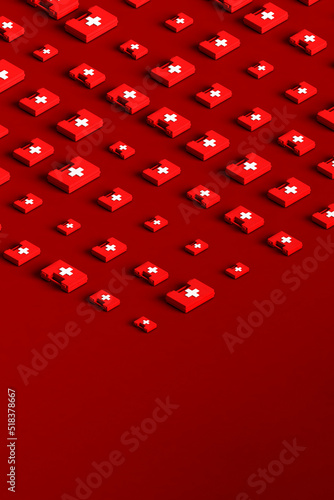 3d render of White first aid kit with a red cross in different s