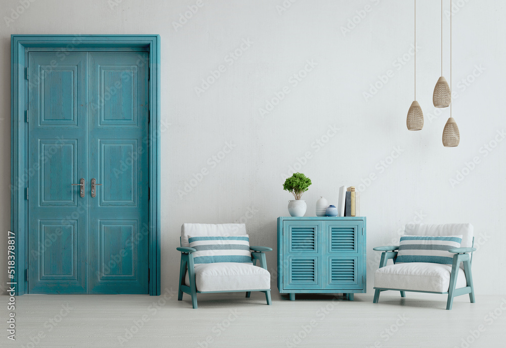 Santorini style interior with cabinet armchairs door and ceiling lamp.3d rendering - obrazy, fototapety, plakaty 