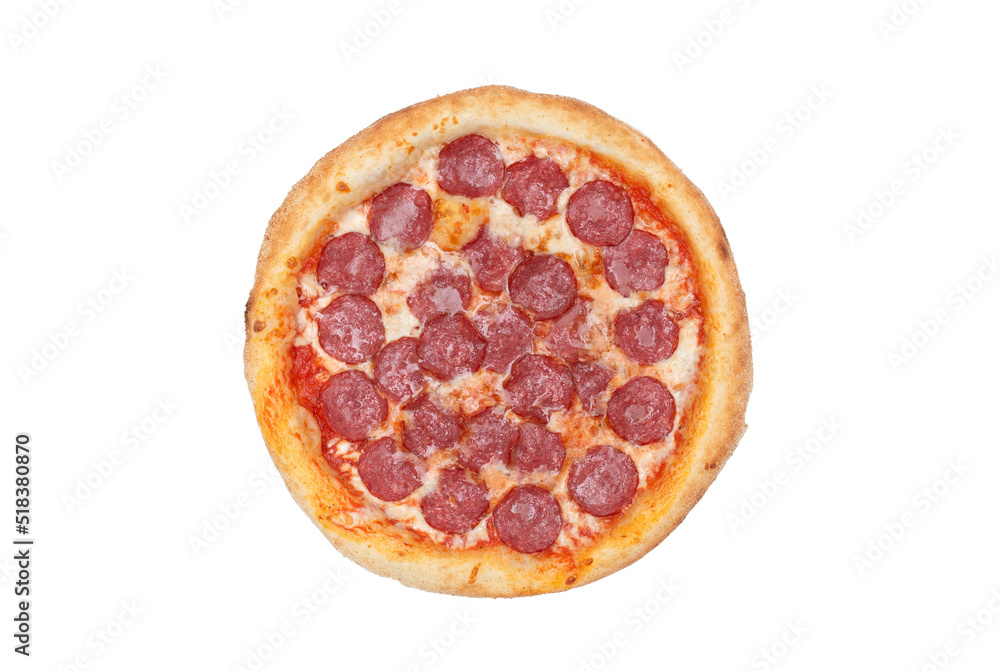 Pizza with mozzarella cheese, tomato sauce and salami isolated over white background. Top view. Copy space Pizza with mozzarella cheese, tomato sauce and salami isolated over white background. Top view. Copy space