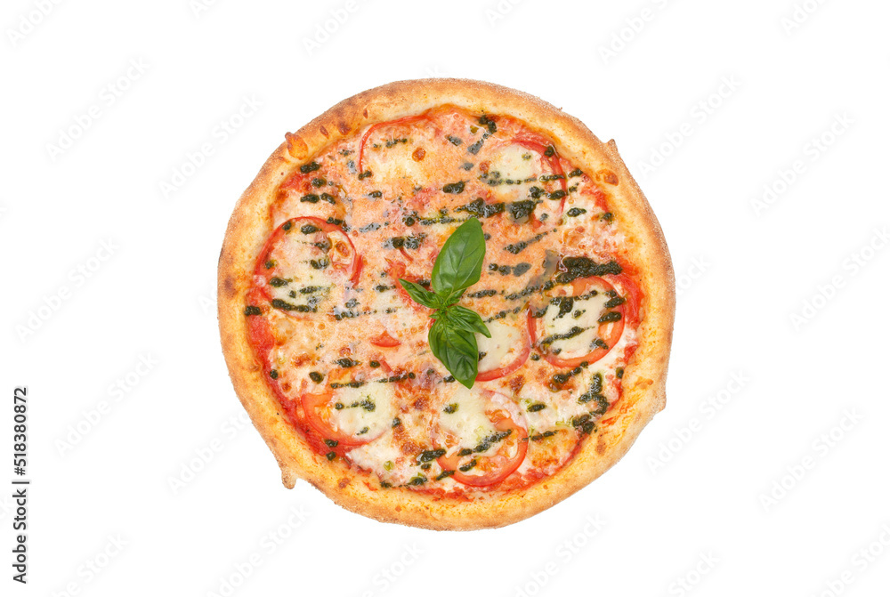 Pizza with mozzarella cheese, tomatoes, pesto sauce and fresh basil isolated over white background. Top view. Copy space