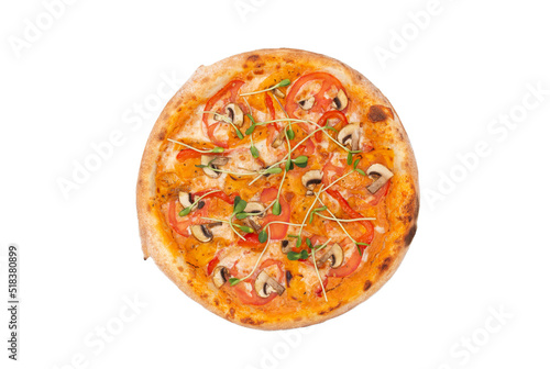 Pizza with mozzarella cheese, tomato sauce, mushrooms, red pepper and fresh pea sprouts isolated over white background. Top view. Copy space