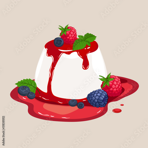 Sweet dessert panna cotta with raspberries, blueberries and blackberries sprinkled with syrup