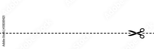 Scissor with dotted line. Black scissors isolated on white background. Cut coupon. Snip ribbon. Separation element. Scissor with ribbon for design prints. Dotted outline on paper. Shears marks. Vector