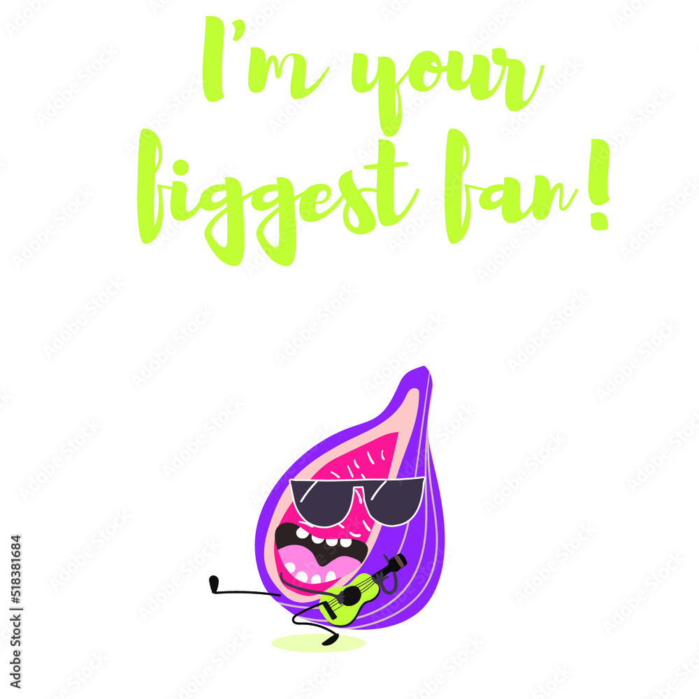 Cute fig with glasses playing guitar, ukulele cartoon character. T-shirt design for kids, summer time, summer mood. vector illustration. Inscription hello, I am your figgest fan. Cute fig with glasses playing guitar, ukulele cartoon character. T-shirt design for kids, summer time, summer mood. vector illustration. Inscription hello, I am your figgest fan.