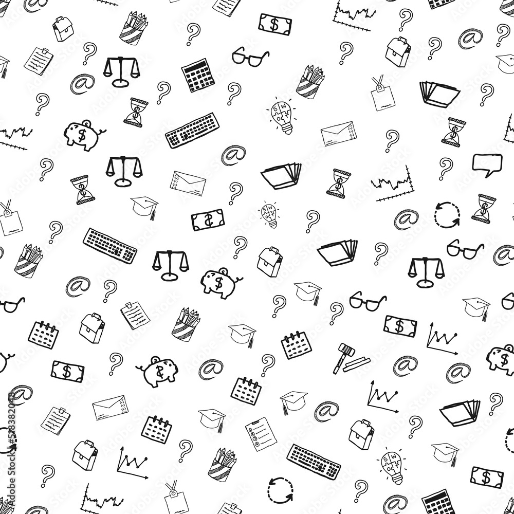 Seamless pattern doodle business, currency, ratings, infographics, currency in black on a white background.