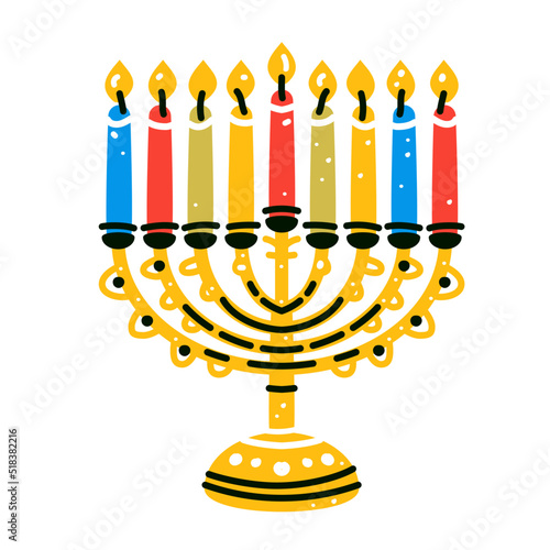 Hanukkah menorah candelabrum with nine lit candles flat vector. Hanukka menorah isolated on white