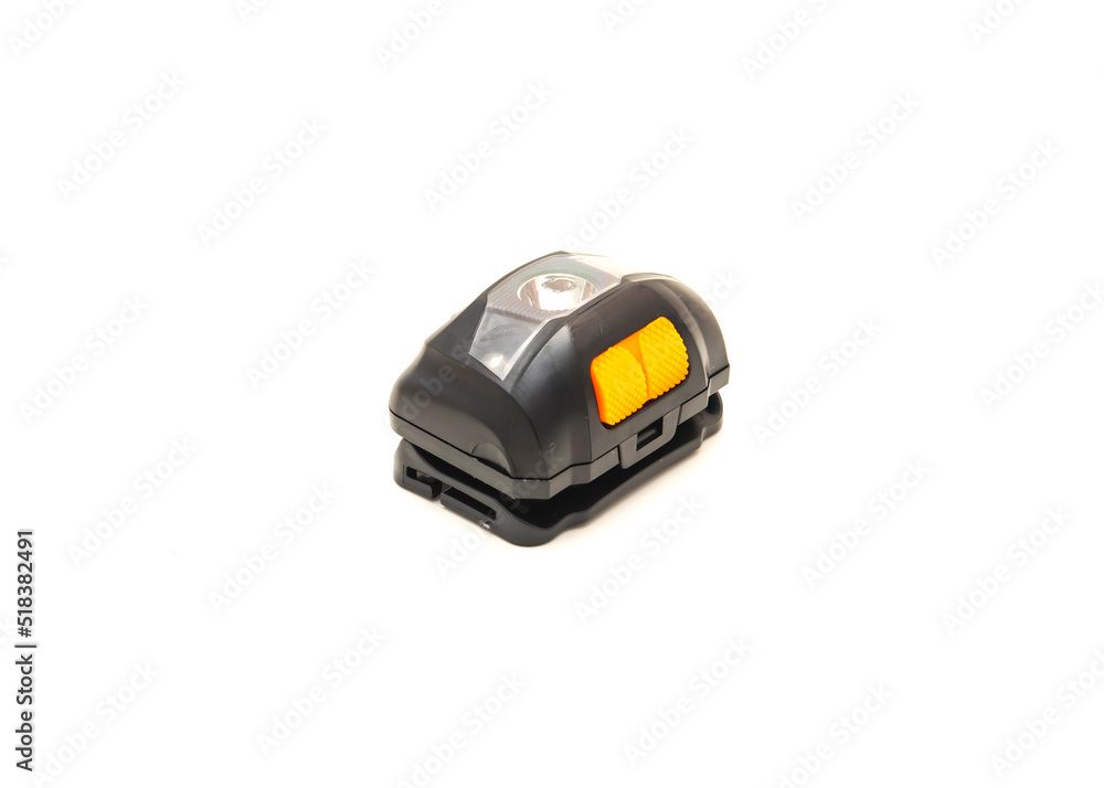 Side view double switches on black headlamp with white LED bulb isolated on white background Side view double switches on black headlamp with white LED bulb isolated on white background