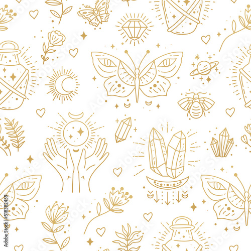 Magic boho symbols seamless pattern. Backdrop of gypsy sacred elements and sign in modern boho style. Golden minimal line art. Butterfly, crystal, bottle, flower © Pictulandra