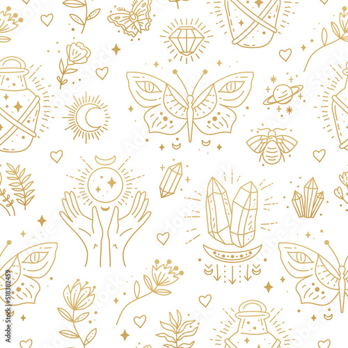 Magic boho symbols seamless pattern. Backdrop of gypsy sacred elements and sign in modern boho style. Golden minimal line art. Butterfly, crystal, bottle, flower