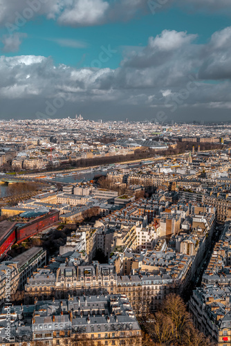 January 20 2022: Aerial view of Paris, the French capital from the Eiffel Tower