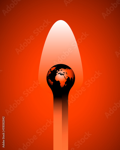 Planet Earth as the apex of a burning match.
Wildfires crisis, burning planet, high temperatures, global warming, climate changes and heatwave concepts. Vector illustration