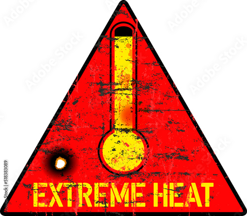 Heat warning sign with thermometer, grungy sytyle vector illustration photo