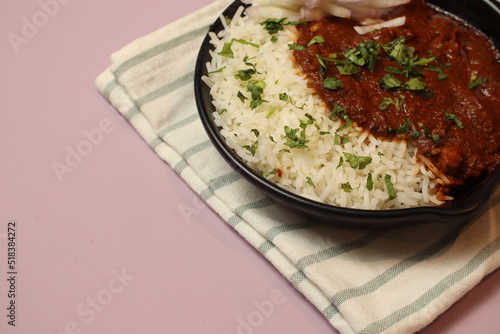 Punjabi Chhole Also Known As Chhola Masala Sabji Amritsari Chole Sabzi Masaledar Chana Chola Or Chickpeas Veg Curry Made Of Chick Peas Onion Tomato And Spices. Served With Boiled Basmati White Rice photo