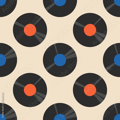 Seamless abstract vector geometric pattern. Black vinyl records on a beige background. Symmetrical layout. Gift wrapping paper. Vintage music theme.