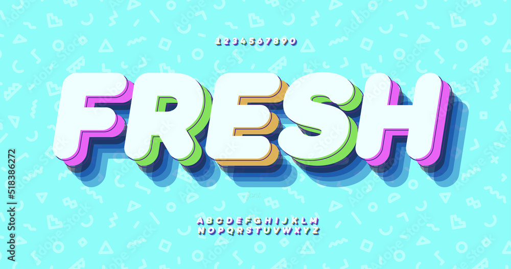 Vector fresh font 3d bold colorful style trendy typography for infographics, motion graphics, video, promotion, decoration, logotype, party poster, t shirt, book, animation, banner, game. 10 eps