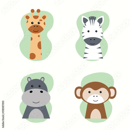 Wild African animals. Funny vector illustration with cute characters - giraffe, zebra, monkey, hippo on white background