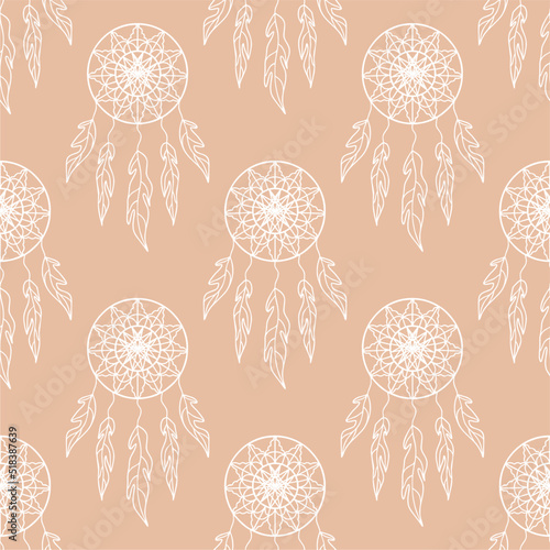 Hand drawn dream catcher, seamless pattern. Bohemian mascot, boho ethnic style, magical tribal symbol. Vector pattern for wallpaper, wrapping paper, fabric.