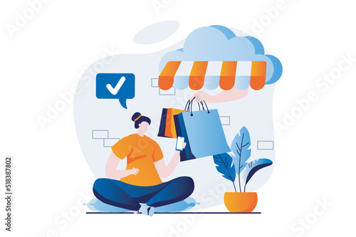 Mobile commerce concept with people scene in flat cartoon design. Woman makes online purchases, orders fast delivery at home and pays for goods in application. Vector illustration visual story for web