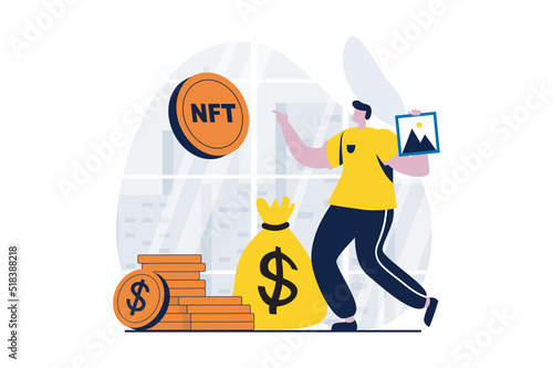 NFT token concept with people scene in flat cartoon design. Man earns money and cryptocurrency by selling digital paintings with NFT tokens on marketplaces. Vector illustration visual story for web
