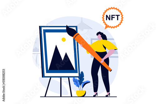 NFT token concept with people scene in flat cartoon design. Woman artist with brush paints digital painting using NFT technology to sell on online marketplace. Vector illustration visual story for web