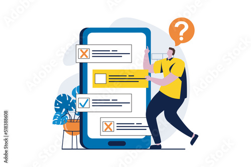 Online survey concept with people scene in flat cartoon design. Man thinks and chooses right answers to questions in mobile app for questionnaires and surveys. Vector illustration visual story for web