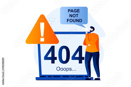 Page not found concept with people scene in flat cartoon design. Man sees broken website sign with 404 error disconnect and page crash on laptop screen. Vector illustration visual story for web