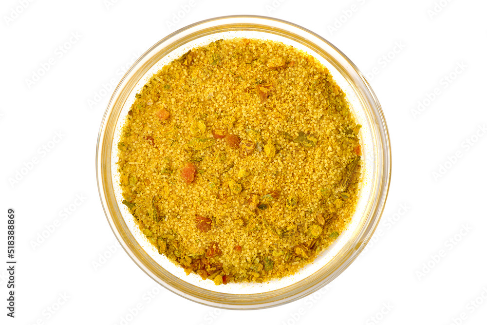 A pile of a spice mix for fish, Top view, isolated on white background. A pile of a spice mix for fish, Top view, isolated on white background.