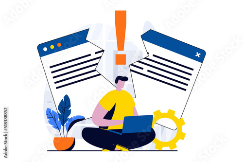 Page not found concept with people scene in flat cartoon design. Man working online on laptop and getting websites crash and access errors on browser screen. Vector illustration visual story for web