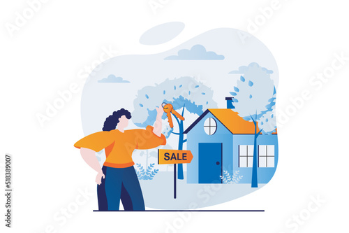 Real estate concept with people scene in flat cartoon design. Woman receives keys to new house. Realtor sells real estate and advertises agency services. Vector illustration visual story for web