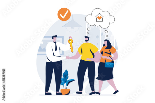Real estate concept with people scene in flat cartoon design. Realtor gives keys to new home to buyers. Man and woman bought apartment and move in together. Vector illustration visual story for web