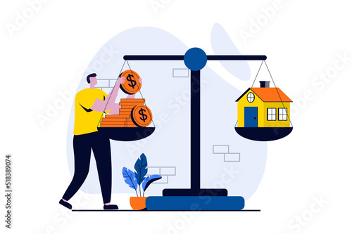 Real estate concept with people scene in flat cartoon design. Man saves money to buy private house, invests in real estate or decides to move to apartment. Vector illustration visual story for web