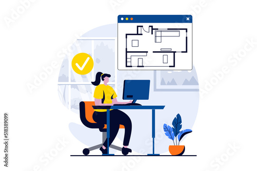 Real estate concept with people scene in flat cartoon design. Woman drawing plan for future apartment sitting at computer and plans to move to new house. Vector illustration visual story for web