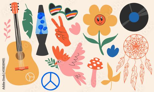Big set of cool 70s retro elements, cute funky hippie stickers. Cartoon chamomile flowers, guitar, peace sign, dove, glasses, lavender lamp, gesture, music record, dream catcher, fly agaric.
