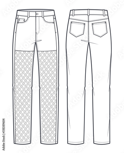 Unisex Jeans pants, Leather  pants fashion flat technical drawing template.  Jeans pants with decorative weaving, medium waist, straight fit, women, men, front view, back view, white, CAD mockup.