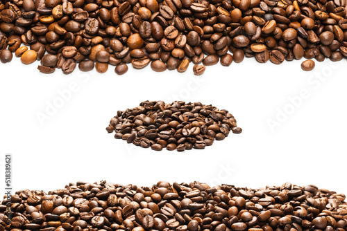 Coffee beans on a white background. Top view.